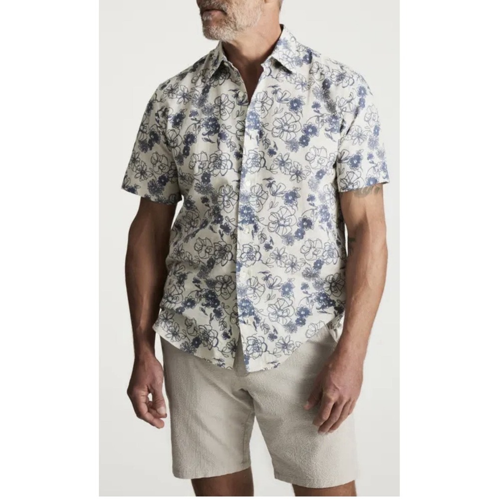 Heritage Mens L White Linen Floral Print Short Sleeve Button Down Beach Shirt